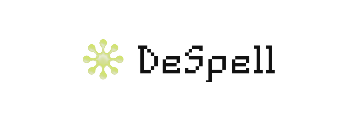 DeSpell banner with the dark lockup centred on a transparent background, shown over a grey checkerboard