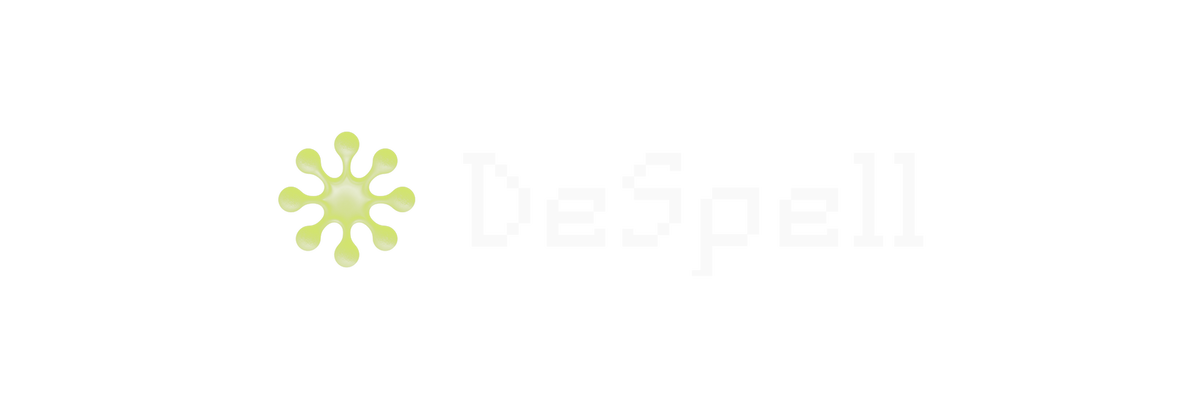 DeSpell banner with the off-white lockup centred on a transparent background, shown over a grey checkerboard