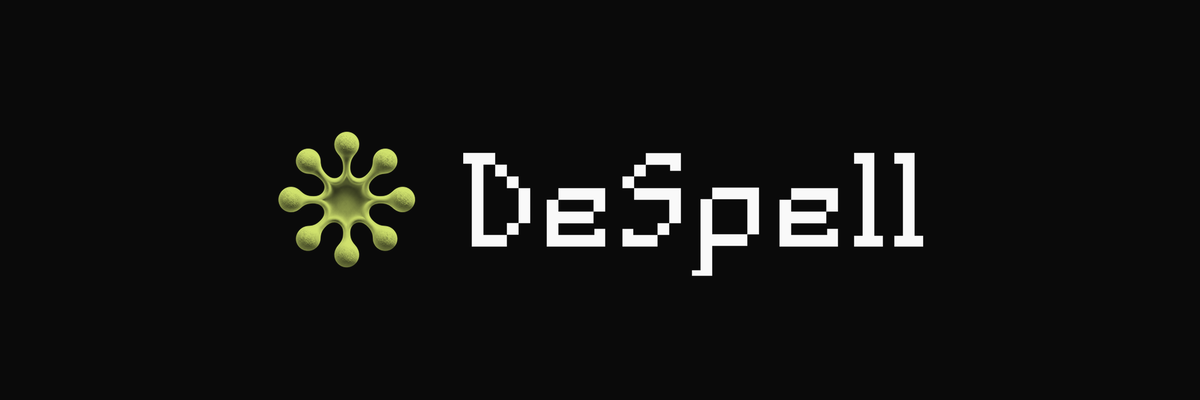DeSpell banner with the off-white lockup centred on a flat black background