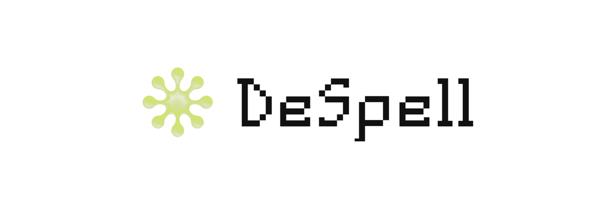 DeSpell banner with the dark lockup centred on a white background