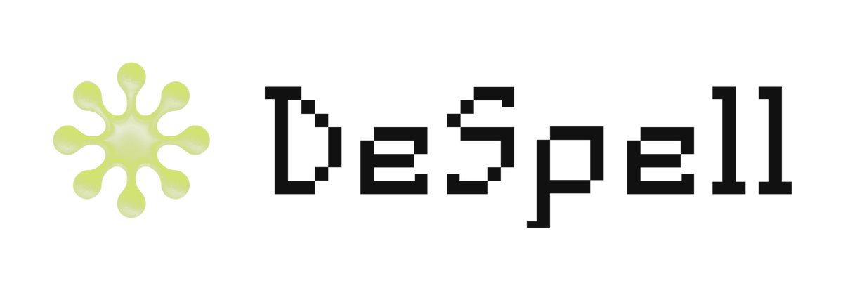 DeSpell horizontal lockup with the dark wordmark on a transparent background, shown over a grey checkerboard