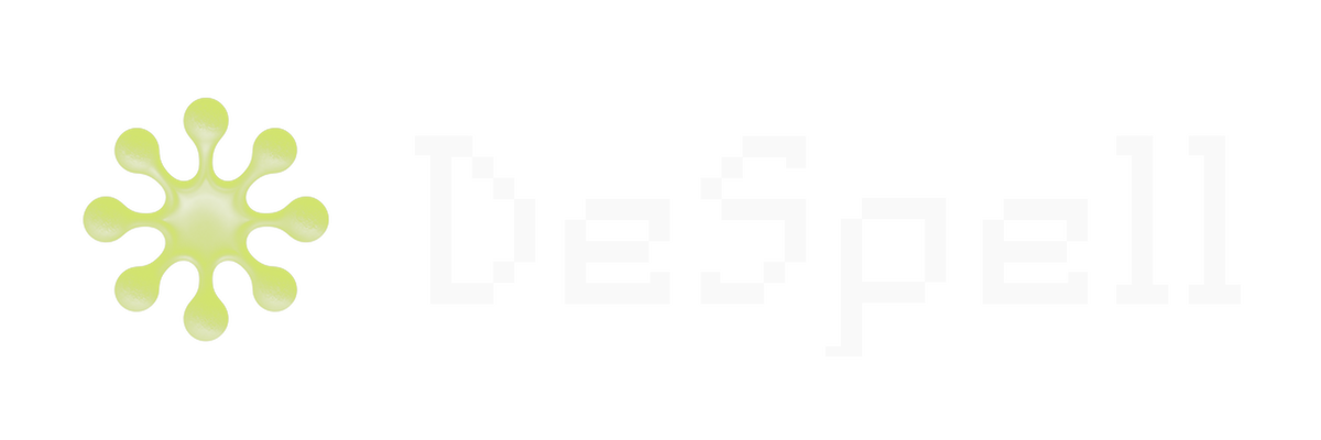 DeSpell horizontal lockup with the off-white wordmark on a transparent background, shown over a grey checkerboard