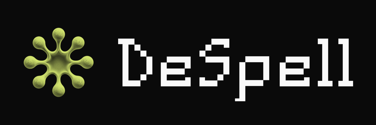 DeSpell horizontal lockup with the off-white wordmark on a flat black background
