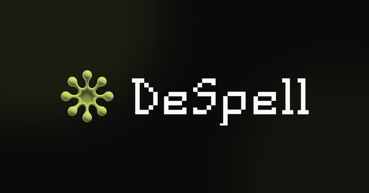 DeSpell social preview template at 1200 by 630 pixels with the lockup centred