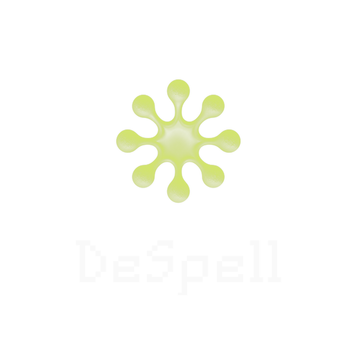 DeSpell stacked square lockup in off-white on a transparent background, shown over a grey checkerboard