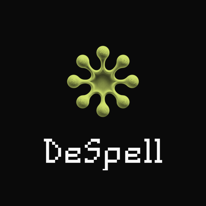DeSpell square format with the symbol stacked above the off-white wordmark on black